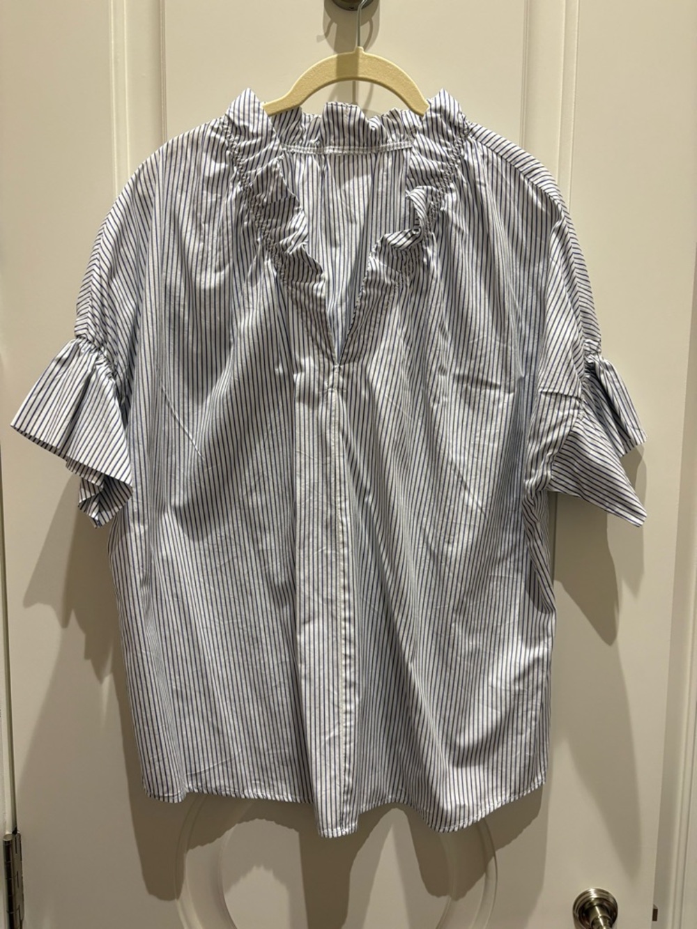 Finley Blue and White Striped Ruffle Neck Blouse